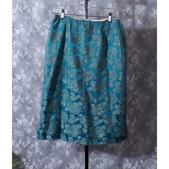 Vintage 60s Pencil Skirt 1960s Teal & Gold Floral Spring Cocktail Size Small - Picture 1 of 4